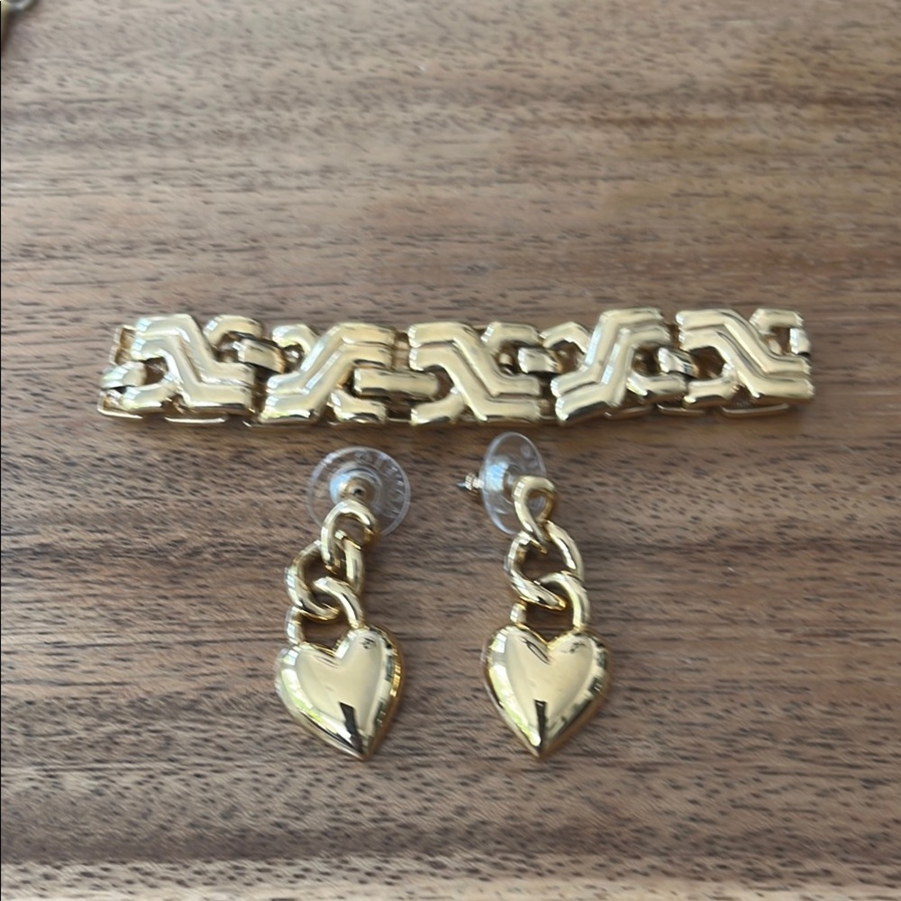 Estate Monet Gold Heart Dangle Earrings & Monet X Chain Bracelet Set